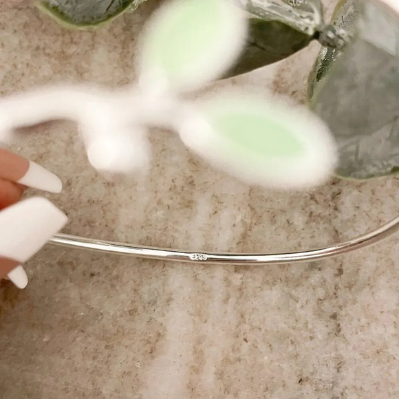 925 Sterling Silver Green Flower Cuff Bracelet Leaf Bracelet Silver Bangle Cuff - Picture 5 of 5